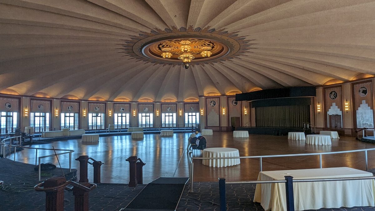 The Avalon Casino ballroom — a spectacular circular Art Deco dance hall with a domed ceiling and grand central chandelier