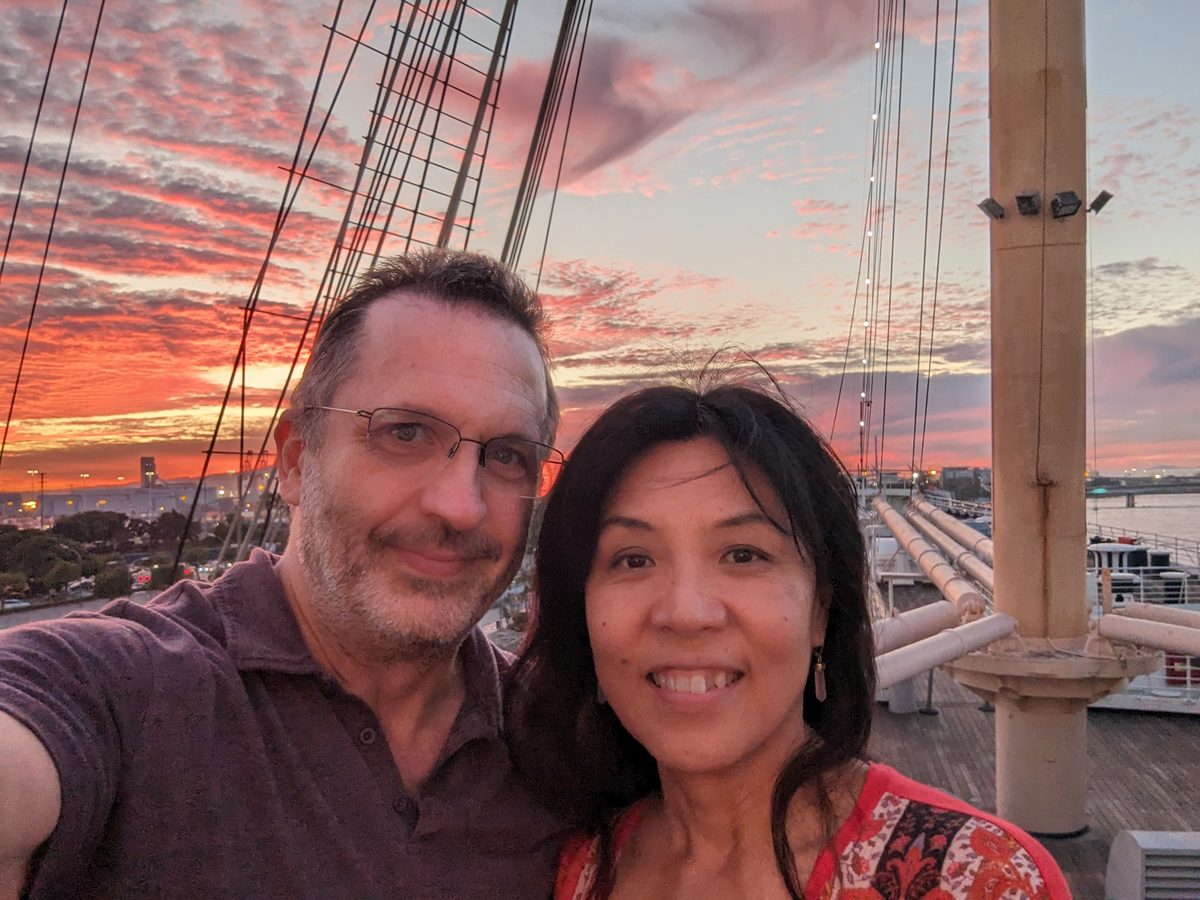 Eddy and Ako on the Queen Mary deck at sunset — Ako's Birthday Weekend 2023