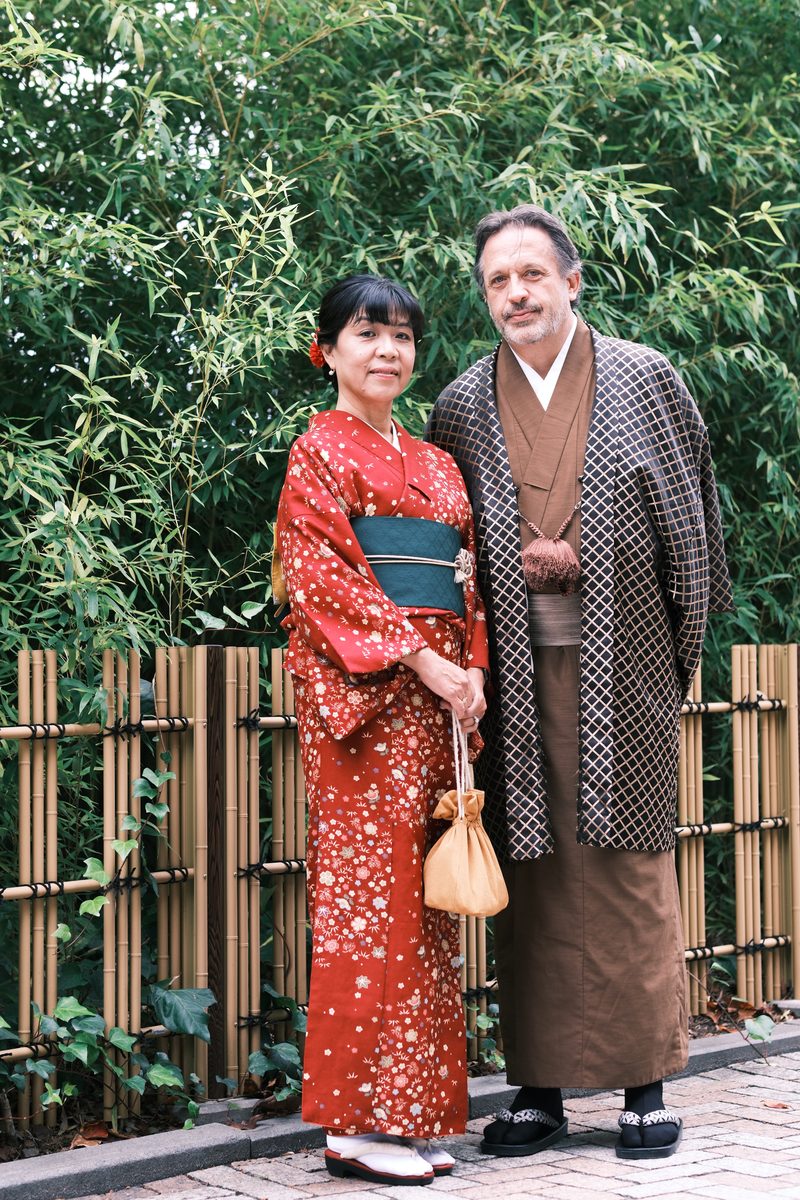 Eddy and Ako in kimono standing together in a bamboo garden